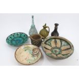 Group of Old Islamic items - including green tinted glass rosewater flask with etched decoration,
