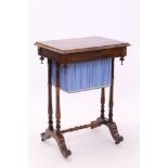 Early Victorian rosewood worktable with hinged rectangular top and fabric-lined work-in-progress