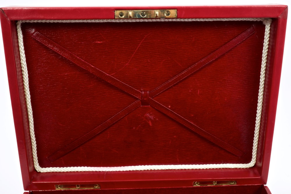 Red leather despatch box with brass inset handle to lid, Bramah lock with key, red leather lining, - Image 3 of 3