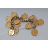 G.B. gold Sovereigns suspended by ring mounts on 9ct gold hallmarked bracelet (N.B.
