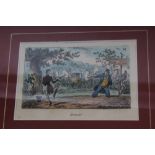 Robert Cruikshank, coloured engraving of a shooting accident,