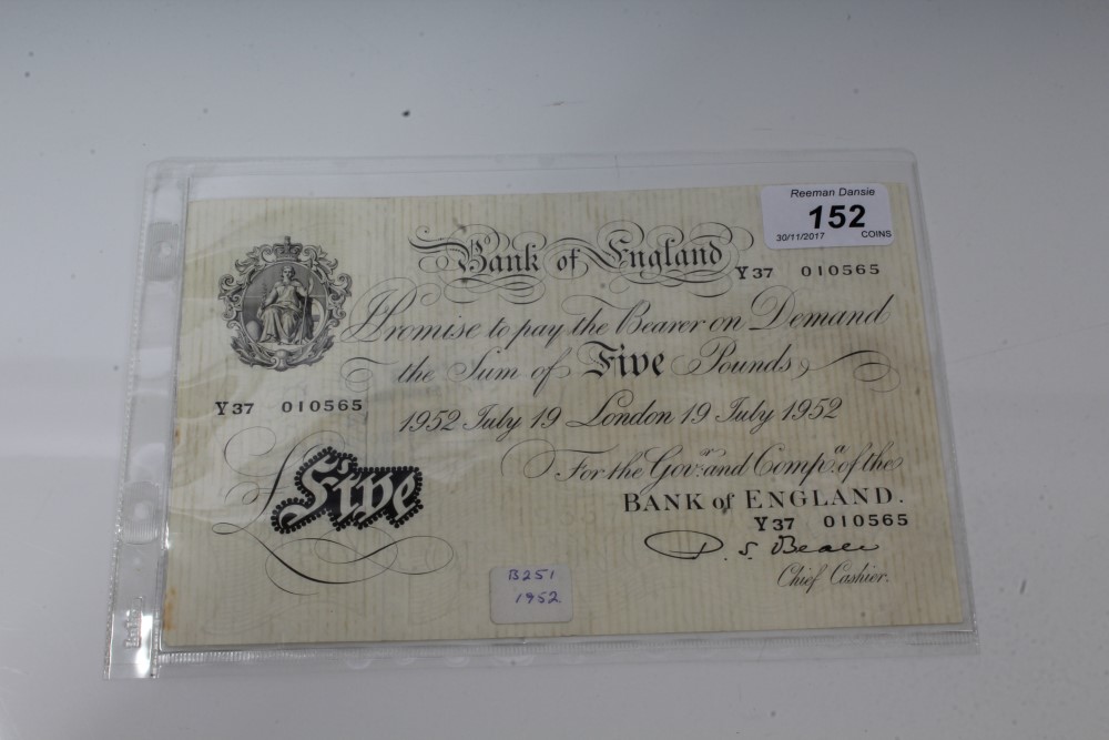G.B. Bank of England P. S. Beale white £5 note - London 19th July 1952. Prefix Y37.