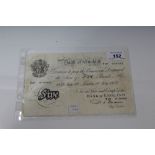 G.B. Bank of England P. S. Beale white £5 note - London 19th July 1952. Prefix Y37.