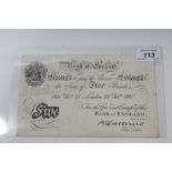 G.B. Bank of England Catterns white Five Pound note dated London 25th Feb 1931. Prefix 058J (N.B.