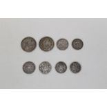 G.B. mixed silver coins - to include George I Shilling 1723 SSC. VG, George III Half Crown 1817.