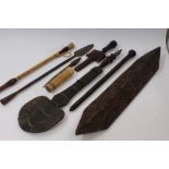 19th century trident dagger and lot tribal weapons - including blow pipe, daggers,