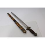 Late 19th century Chinese Jian sword with engraved brass mounts, ribbed wood grip,