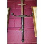 Antique German two-handled processional sword with ball pommel, leather covered grip,