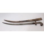 20th century Arab Saif sword with silver inlaid damascened hilt and scabbard,