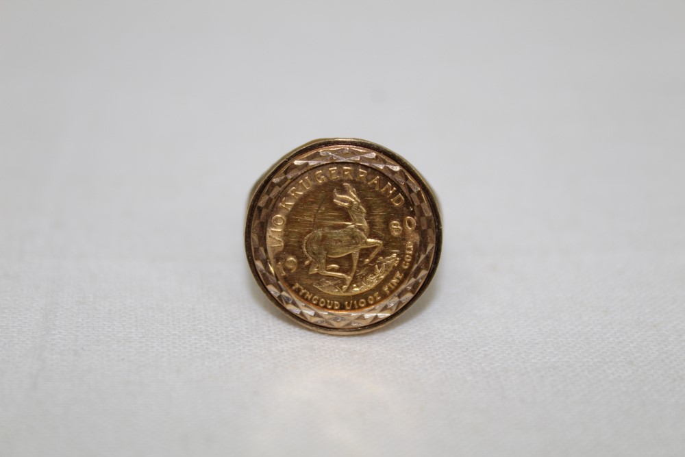 South Africa - gold 1/10oz fine gold Krugerrand 1980 set in 9ct gold hallmarked ring (total weight