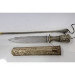 19th century Tibetan dagger with embossed white metal hilt and sheath and fullered blade, 29.