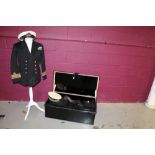 Japanned tin trunk containing full Second World War Royal Navy uniform,