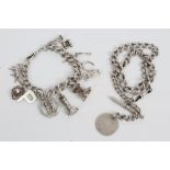 Silver charm bracelet with various silver and white metal novelty charms,