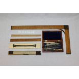 19th century drawing set in a mahogany case, right angle ruler,