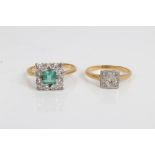 Gold (18ct) emerald and diamond cluster ring in square setting.