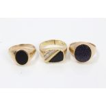 Three gentlemen's gold (9ct) signet rings - one set with blue goldstone,