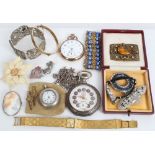 Vintage costume jewellery - to include pocket watches, silver gilt and enamel bracelet,