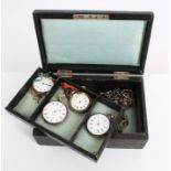 Four late 19th century silver fob watches and lot white metal Albert chains,