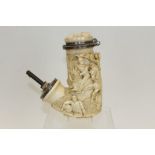 Fine and large early-mid 19th century lap-style carved meerschaum and silver mounted pipe,