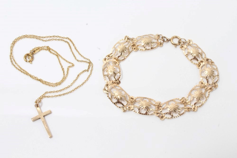 Gold (9ct) openwork panel bracelet and gold (9ct) cross pendant,