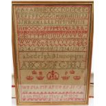 Early 19th century embroidered sampler - Ann Pullar May 6th 1829 - alphabet and geometric bands,