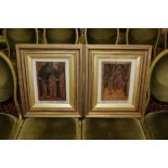 Pair late 19th century Folk Art pictures in a marquetry style, in decorative gold frames,