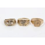 Three gold (9ct) gentlemen's rings - to include diamond set cross ring,