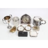 George V silver vesta case, silver plated desk clock,