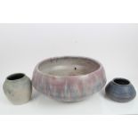 Large pottery bowl with mottled glaze, similar vase and pot,