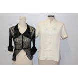Ladies' vintage black lace blouse with satin silk collar buttons and cuffs, peplum waist,