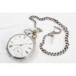 Victorian gentlemen's silver open faced pocket watch with white enamel Roman numeral dial with
