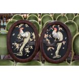 Pair late 19th century Japanese mother of pearl and bone inlaid panels of cockerels,