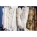 Quantity of white cotton-worked table linens with lace and crochet edgings, plus some damask cloths,