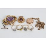 Gold (9ct) and enamel sweetheart brooch, Victorian brooch set with purple stone,