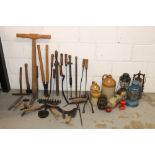 Collection of farm hand forks - including sickles, dibbey, insecticide sprayers and others,