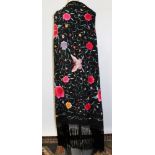 Vintage Chinese black silk shawl with colourful silk embroidered flowers and black knotted fringing,