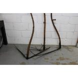 Unusual antique double-action scythe with twin blade and fork arms, 140cm high,