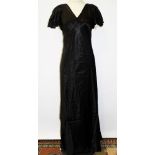 Ladies' 1930s black and cream silk evening dress, tiny covered button fastenings to back,