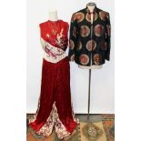 Ladies' vintage satin silk evening jacket - black and red brocade with cream lining,