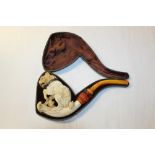 Very large late 19th century meerschaum pipe carved in the form of a ferocious dog seated,