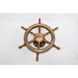 Old brass mounted wooden ships' wheel, faintly marked - Y K NOT GNBC.