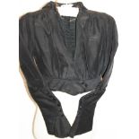 Victorian / Edwardian black silk bolero with black button, late Victorian woven wool paisley shawl,