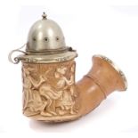 Large late 19th century Austrian meerschaum pipe head with white metal hinged cover,