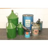 Three various green oil containers, Smiths Blue-Col jug,