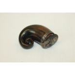 Good early 19th century Scottish silver mounted horn snuff mull of typical scrolling form,