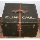 Vintage luggage - green canvas cabin trunk with leather handles, straps, edges,