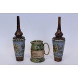 Pair of Eliza Simmance Doulton Lambeth vases decorated with flowers - impressed marks to each base,