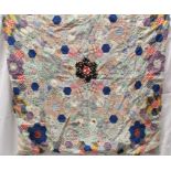 Vintage textile 1930s / 1940s double-sided patchwork cover - hand-stitched hexagons of printed