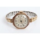 1930s ladies' gold (9ct) Rolex wristwatch in octagonal case, silvered dial,