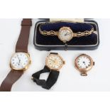 Three 1930s ladies' gold (9ct) wristwatches - one on gold strap and a gentlemen's yellow metal